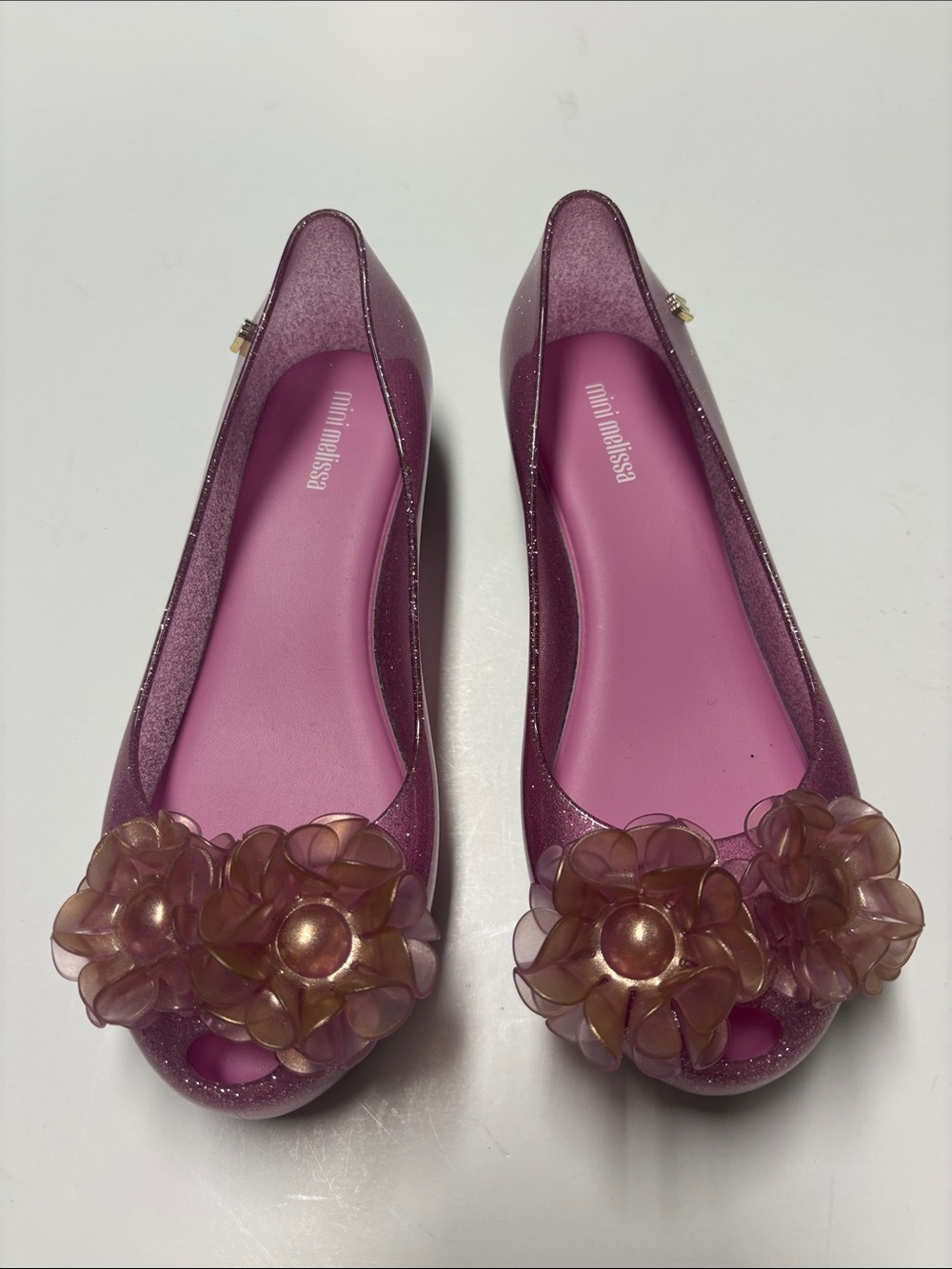 Mini Melissa Pink Glitter Floral Jelly Flats with Champagne Flowers girls size - Picture 3 of 10